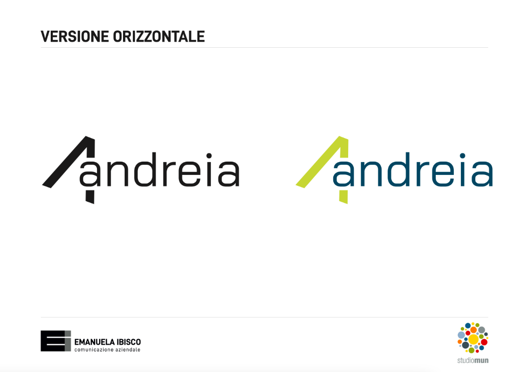 Versione orizzontale del logo Andreia, in nero e a colori blu petrolio e verde acido