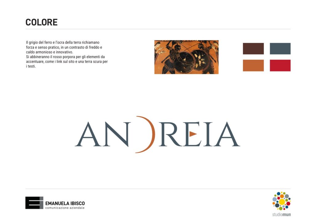 Proposta di logo Andreia con lettering classico: la D diventa un arco che scocca una freccia verso la E